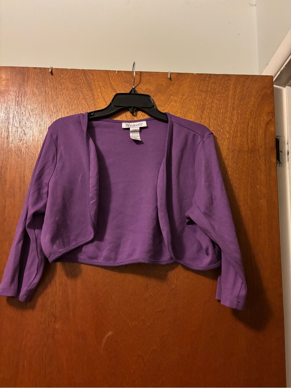 Roaman’s Purple Cropped Open-Front Shrug